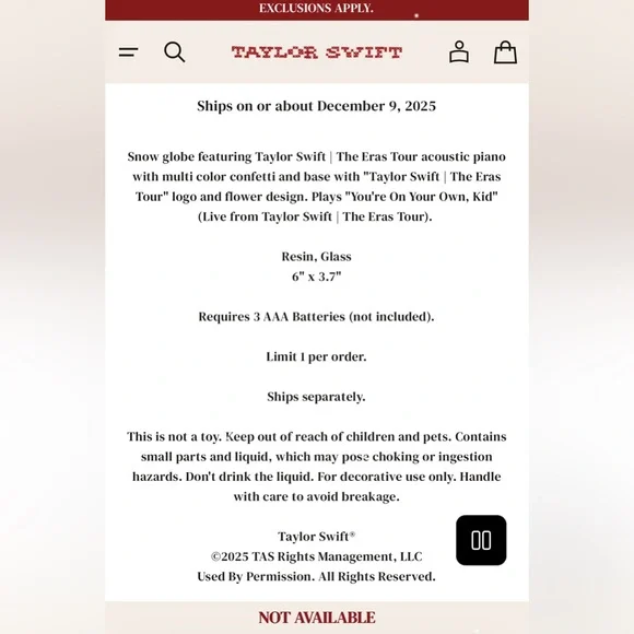 Taylor Swift “The Eras Tour Acoustic Piano” Snow Globe